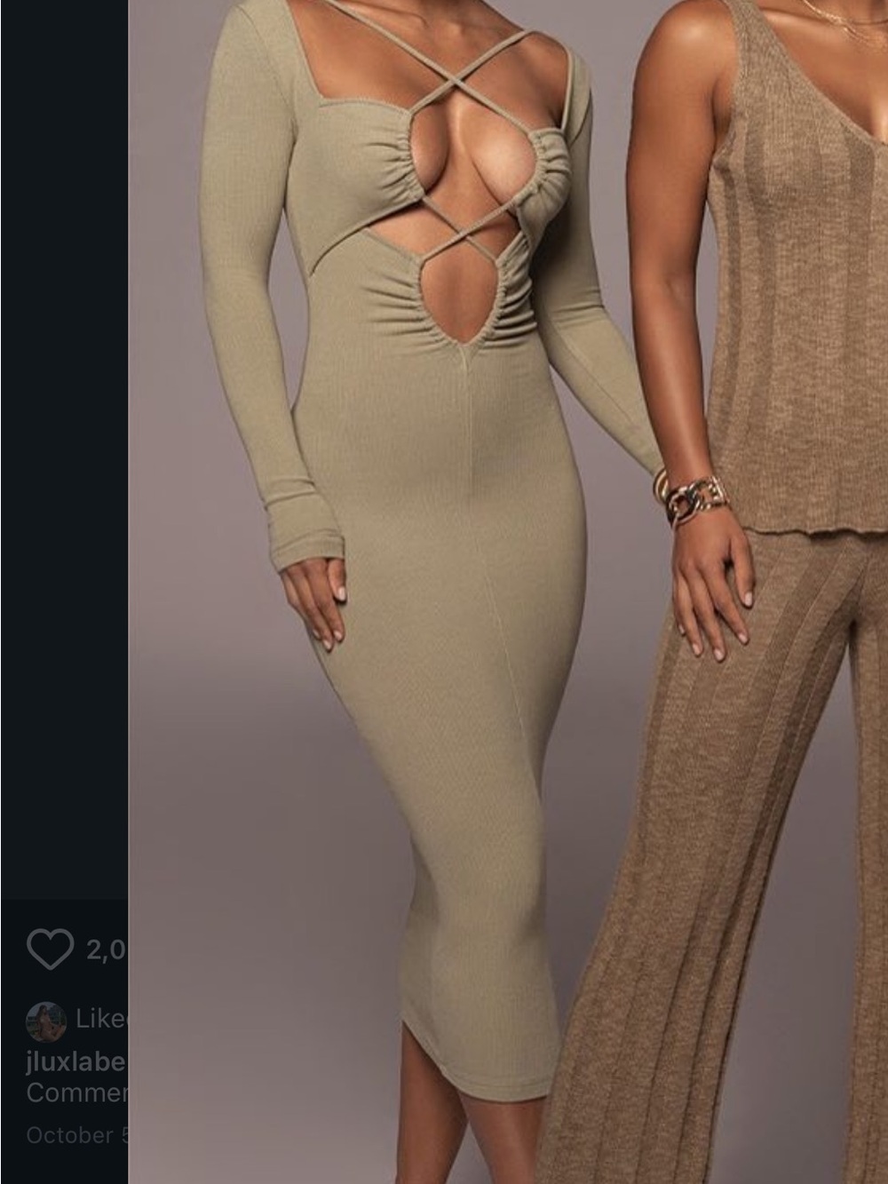 Long Sleeve Cutout Midi Dress in Khaki - New